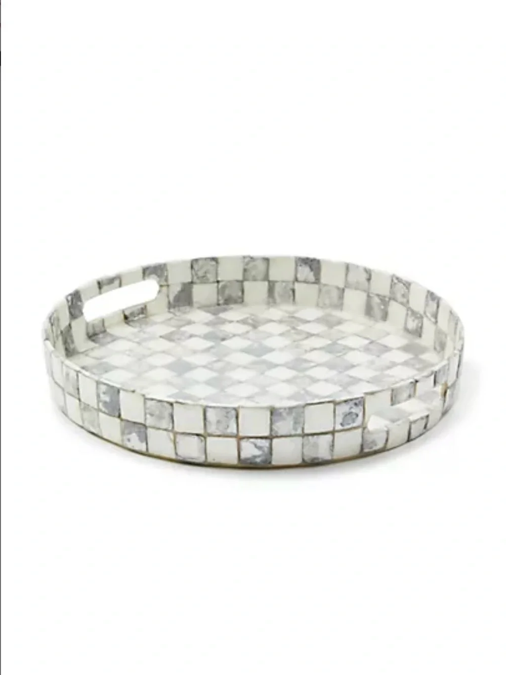 MacKenzie Childs Round Checkerboard Mosaic Tray — White & Gray